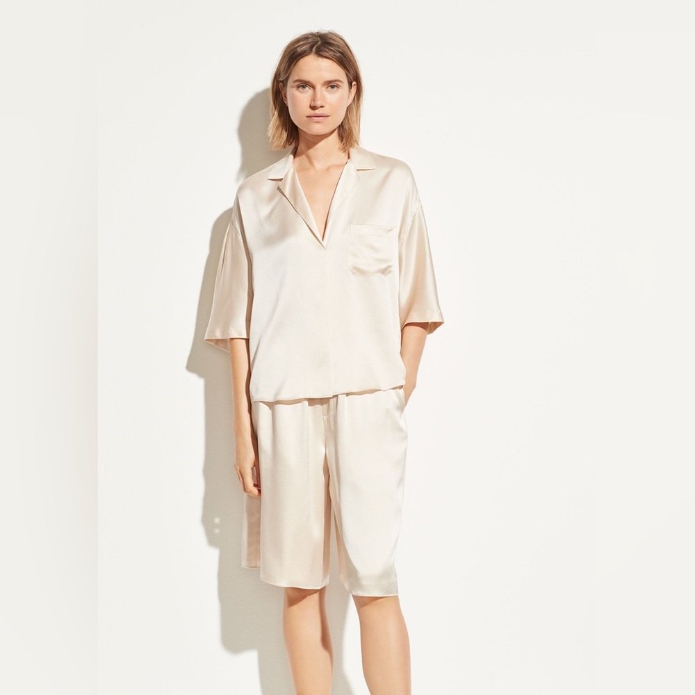 NWT Vince Satin Silk Pajama Shirt Blouse in Pale Alder